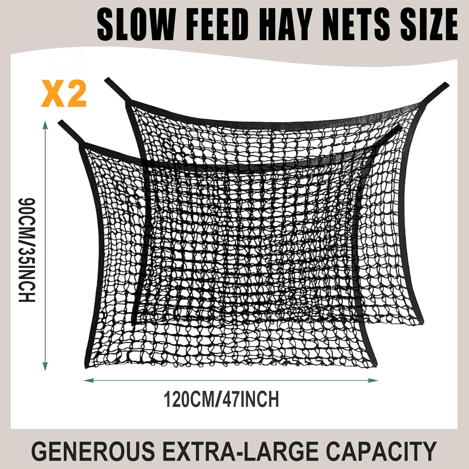 2PCS Horse Slow Feeder Hay Net-35" x 47" Heavy-Duty Hay Bag, Polyester Mesh with Polypropylene Edges, Ideal Feeder for Horses, Ponies, Goats, Sheep & Donkeys | Perfect for Trailers (Black, 35x47inch)