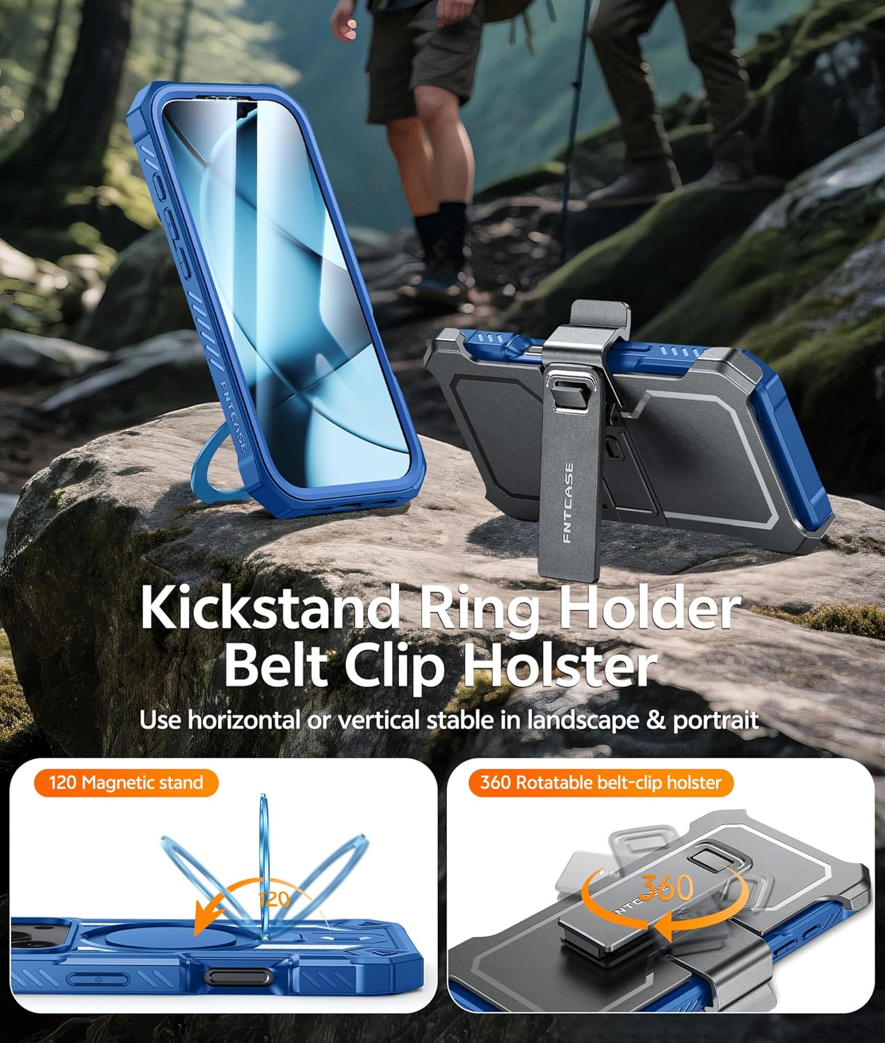 FNTCASE for iPhone 17 Pro-Max Case: with Kickstand [Built-in Screen Protector & Belt Clip] [Compatible with MagSafe] Military Grade Shockproof Rugged Hard TPU Magnetic Phone Cover Blue