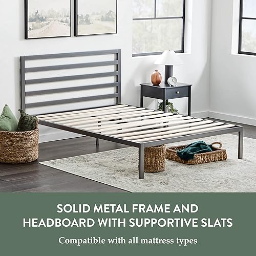 Miniatura 26 de Edenbrook Cassidy Marco de cama de plataforma de metal con cabecera de metal, no requiere somier, soporte de listones de madera, negro, tamaño Queen