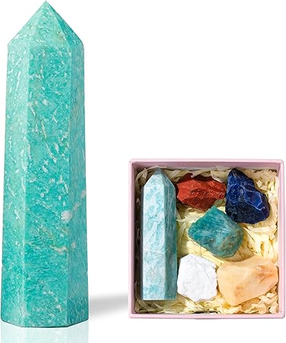 Runyangshi Torre de cristal curativo de cuarzo rosa natural de 3 pulgadas con 5 piedras crudas de cristal en bruto para Reiki Chakra Meditación