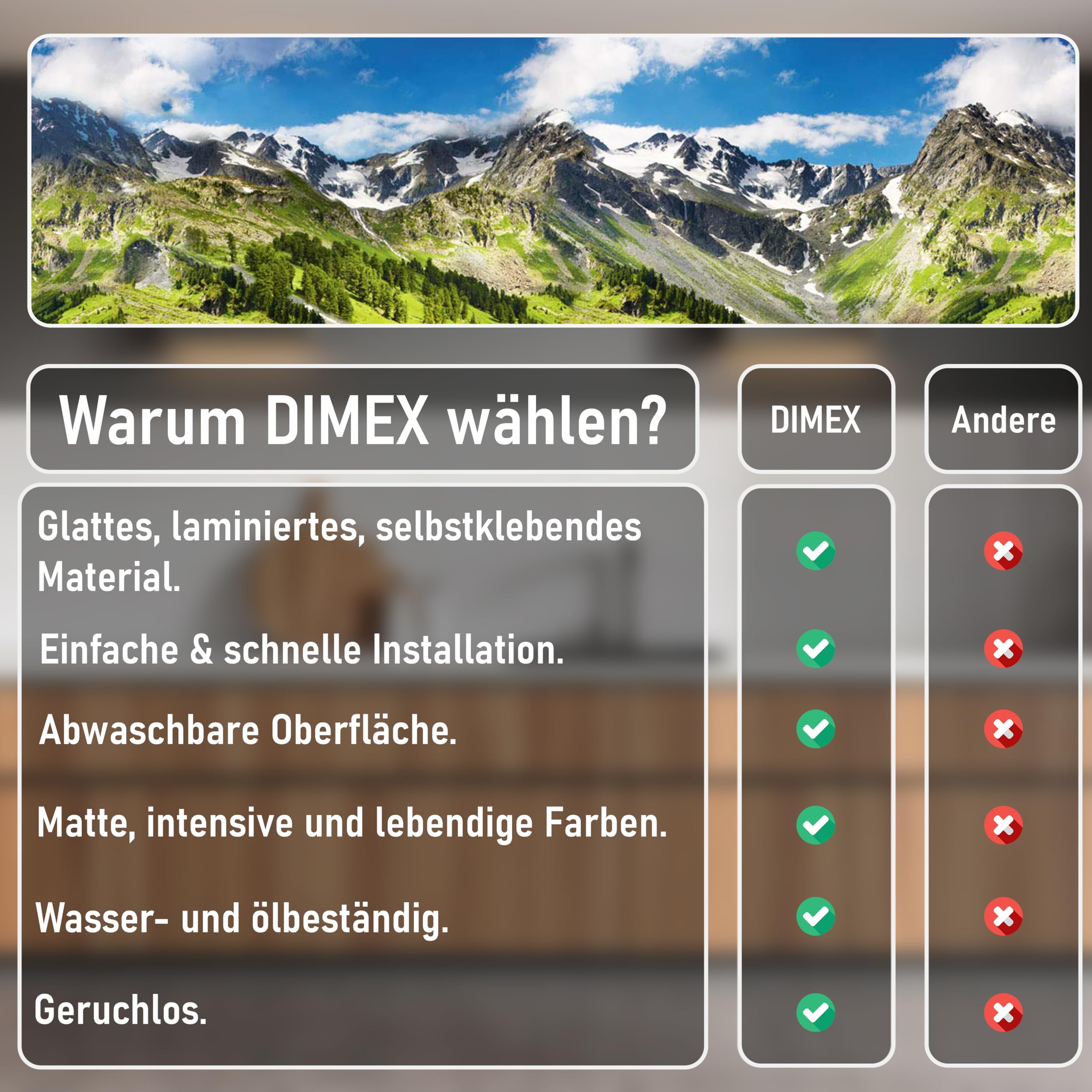 Dimex Küchenrückwand Folie Selbstklebend Berge 420 x 60 cm | Klebefolie - Dekofolie - Spritzschutz für Küche | Made in EU