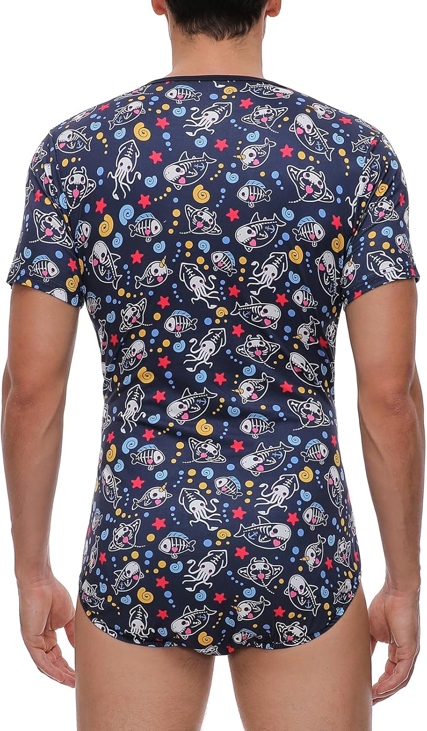 Adult Onesie Pajamas for Mens: Snap Crotch One Piece Shark Blue Bodysuit - Short Sleeve Cute Romper Underwear - Image 4