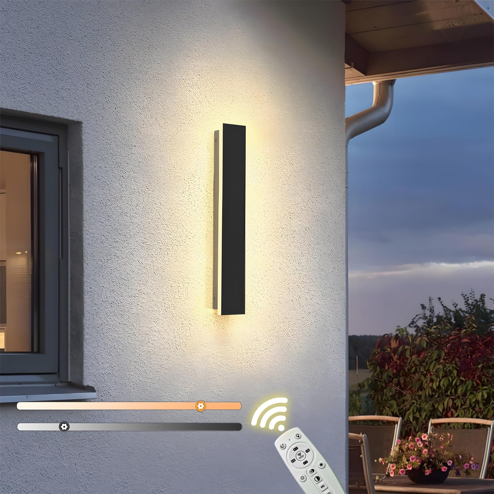 Aplique Pared Exterior Regulable,8W LED Lampara Exterior Pared con Mando a Distancia IP65 Impermeable,Apliques Pared Exterior para Escaleras Pasillos Balcón Patio Jardín Balcón,40CM