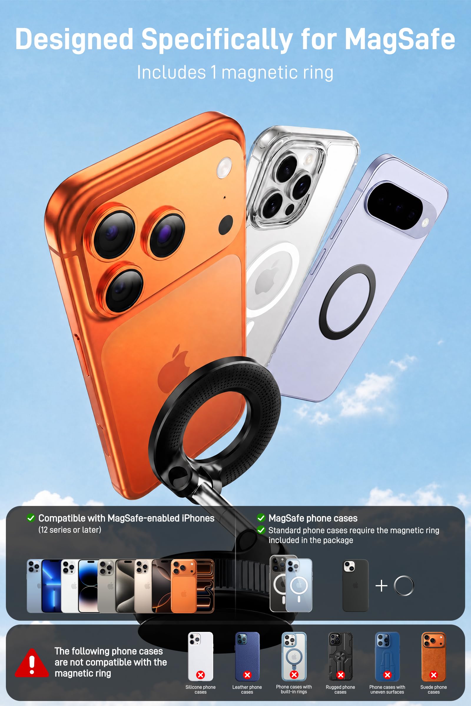 2026 Supporto Magnetico Cellulare Auto, Supporto Telefono Auto per Magsafe | Magnete Super Compatibile con tutti i telefoni con iPhone 17-12 Pro MAX e Android, 360° Rotazione Pieghevole, Nero