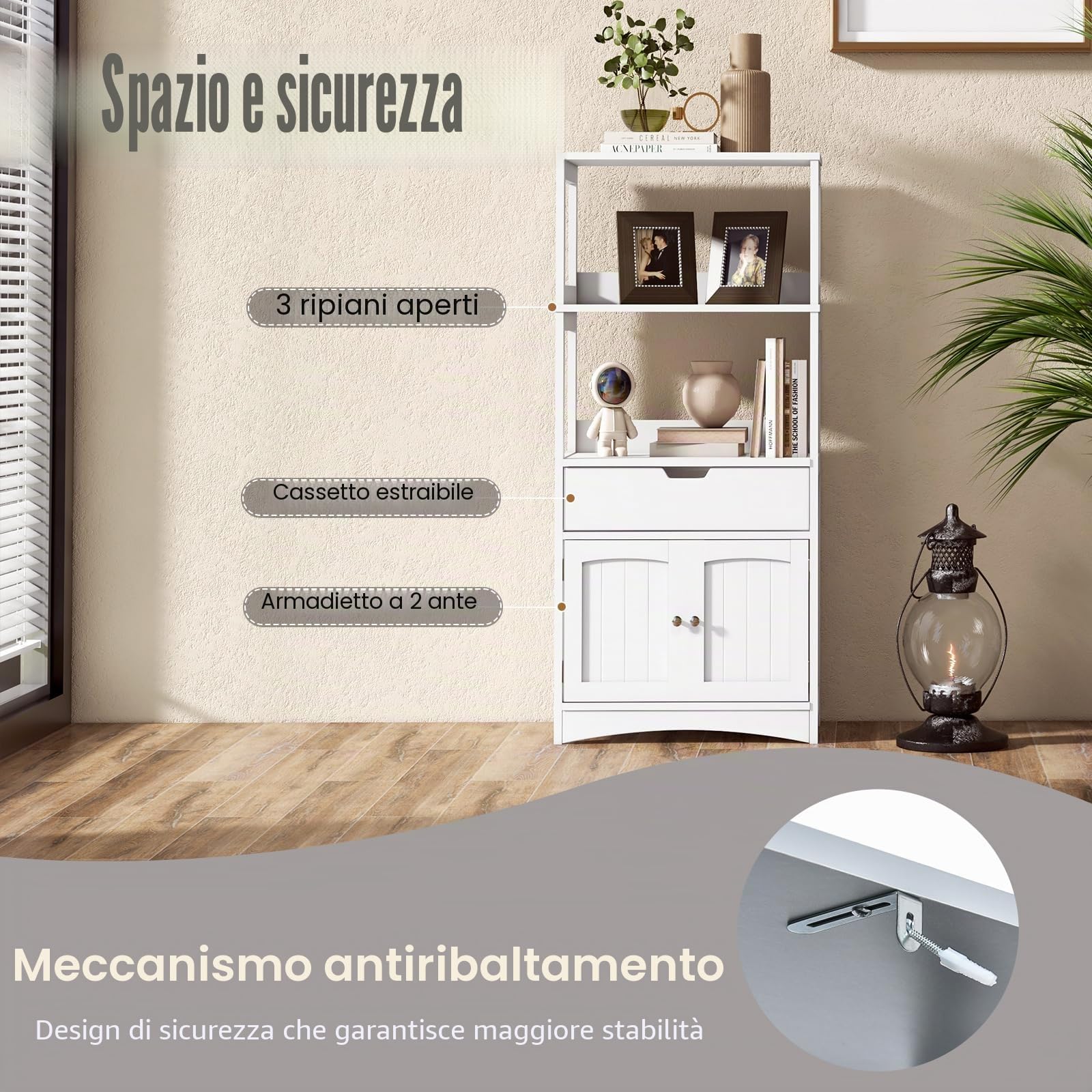 KOMFOTTEU Mobile portaoggetti con ripiano a 3 livelli, armadio alto in legno, dispositivo antiribaltamento, cassetto e armadio a 2 ante, moderno, 60 x 32,5 x 122 cm (bianco)