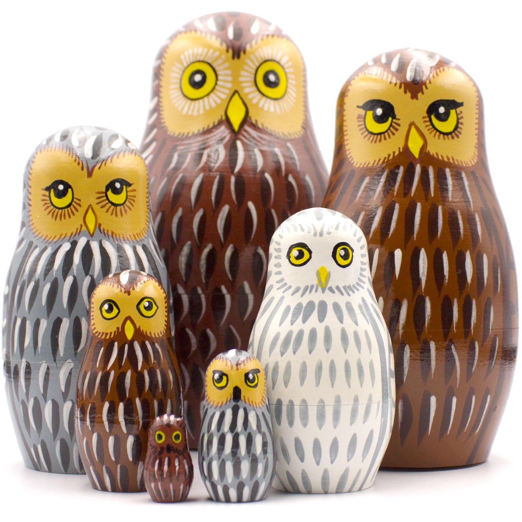 AEVVV Eule Nesting Dolls Set 7 Stück Handbemalte Holz Eulenfiguren Einzigartige Eule Wohnkultur für Eulenliebhaber Russische Matroschka Puppen