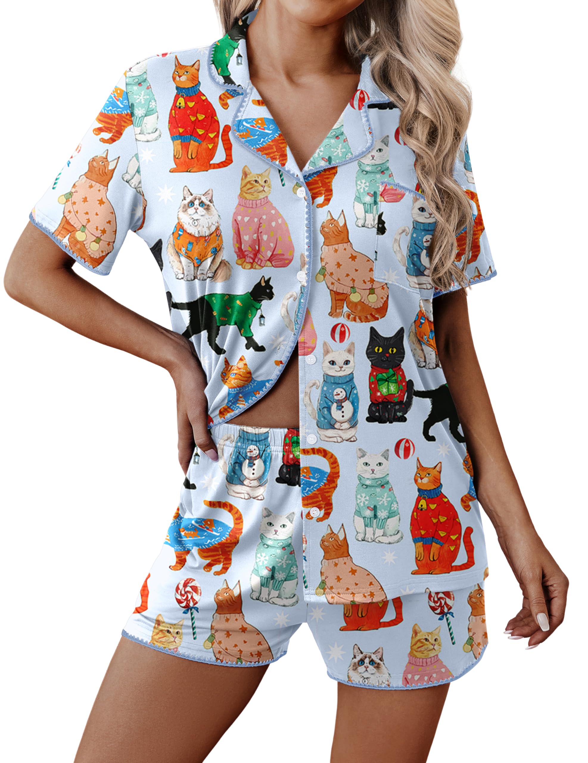 Ekouaer Pajamas for Women Set 2 Piece Soft Button Down Top and Shorts | Short Sleeve PJs with Cute Scalloped Trim, Soft Lightweight Lounge Sets, Ideal for Sleep, Travel &amp; Vacation