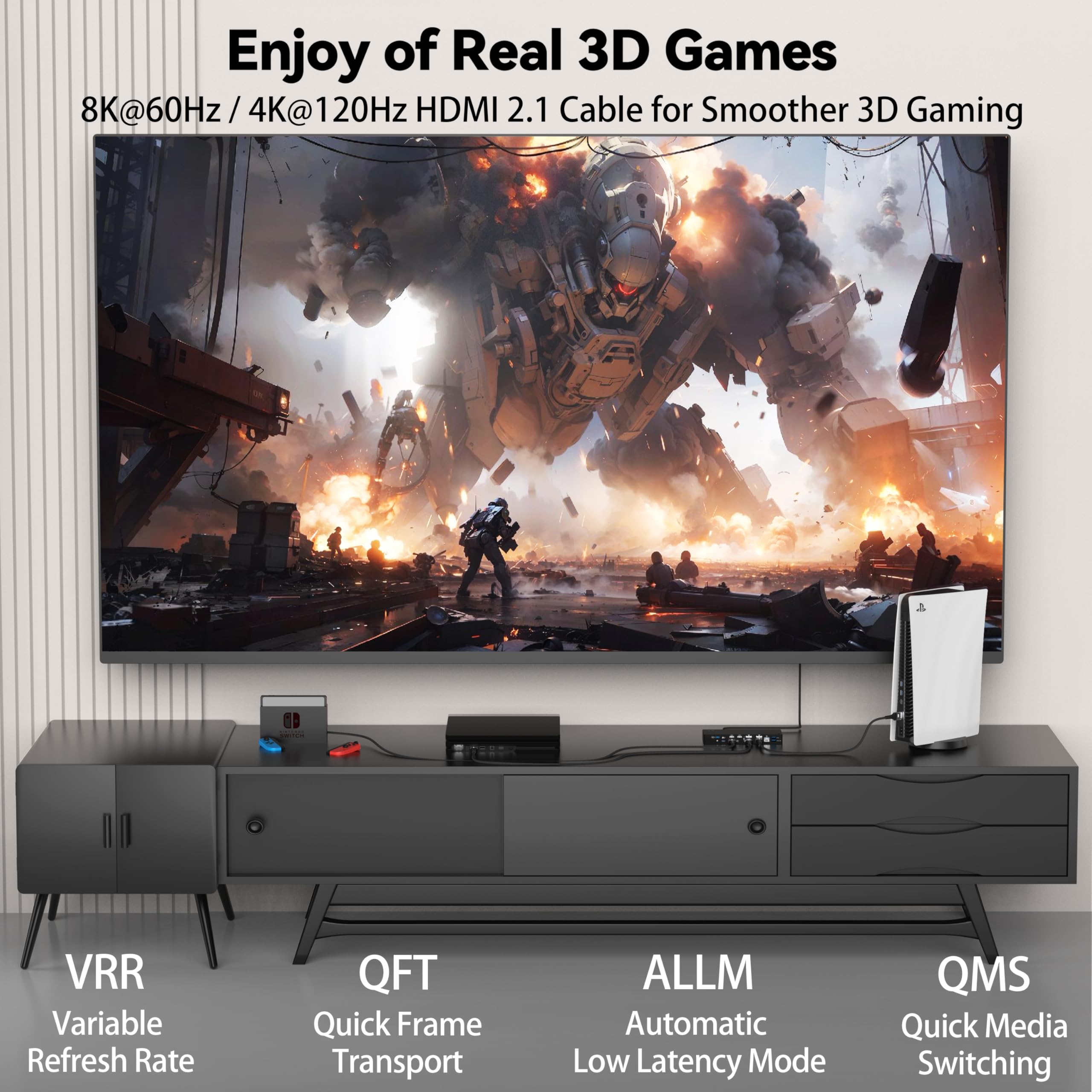 Cavo HDMI 8K, 3 m, confezione da 10 pezzi, cavo da gioco HDMI 2.1, supporto 8K a 60Hz, 4K a 120Hz, HDR10+, SBTM, VRR, QFT, ALLM, 3D, HDCP 2.3 per PS5, Xbox, Nintendo Switch, TV, PC, monitor
