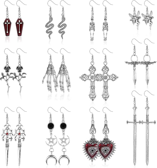 MILACOLATO 12 Pairs Gothic Punk Vintage Earrings Set Punk Rock Harajuku Evil Eye Cross Snake Heart Dangle Earrings Goth Retro Silver Earrings Fairy Grunge Earrings for Women Girls
