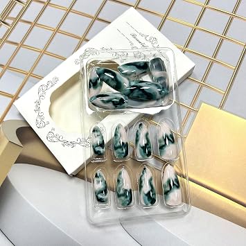 Press on Nails アーモンド ミディアム グリーン スマッジ つけ爪 人工アクリルネイル ダークグリーン 大理石 デザイン フェイクネイル フルカバー 光沢 再利用可能 棺 ネイル 接着剤 女性用 用品 24個
