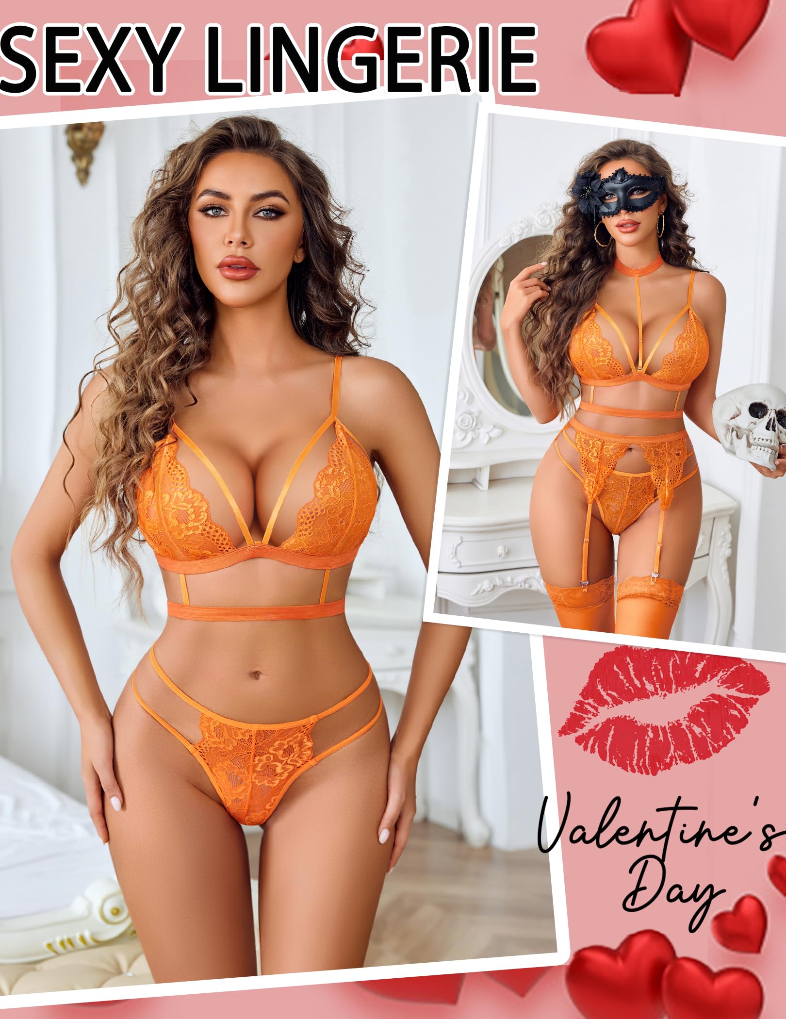 Avidlove Lace Garter Lingerie Set with Removable Choker Teddy Babydoll Strappy Bra and Panty Set (No Stockings): Orange X-Large
