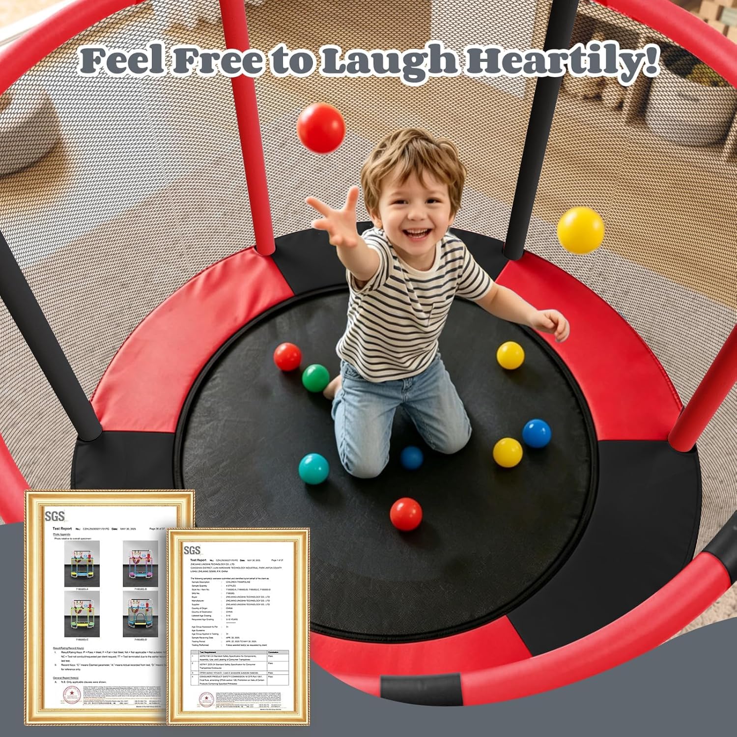 55 Zoll Trampolin für Kinder, 5-in-1 Kleinkind Trampolin Innen & Außen mit Verstellbarer Gymnastikstange und Spielzeug, Geschenk für Jungen und Mädchen 3–8 Jahre
