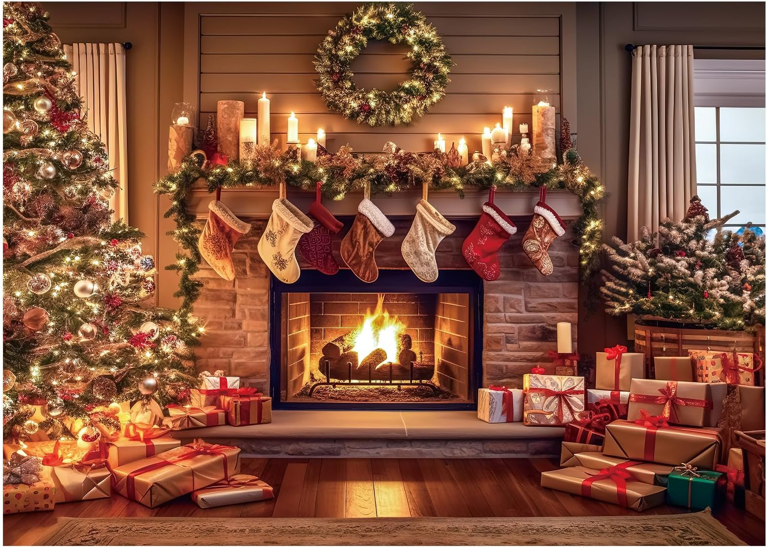 Kate Christmas Fireplace Backdrop With Festive Trees