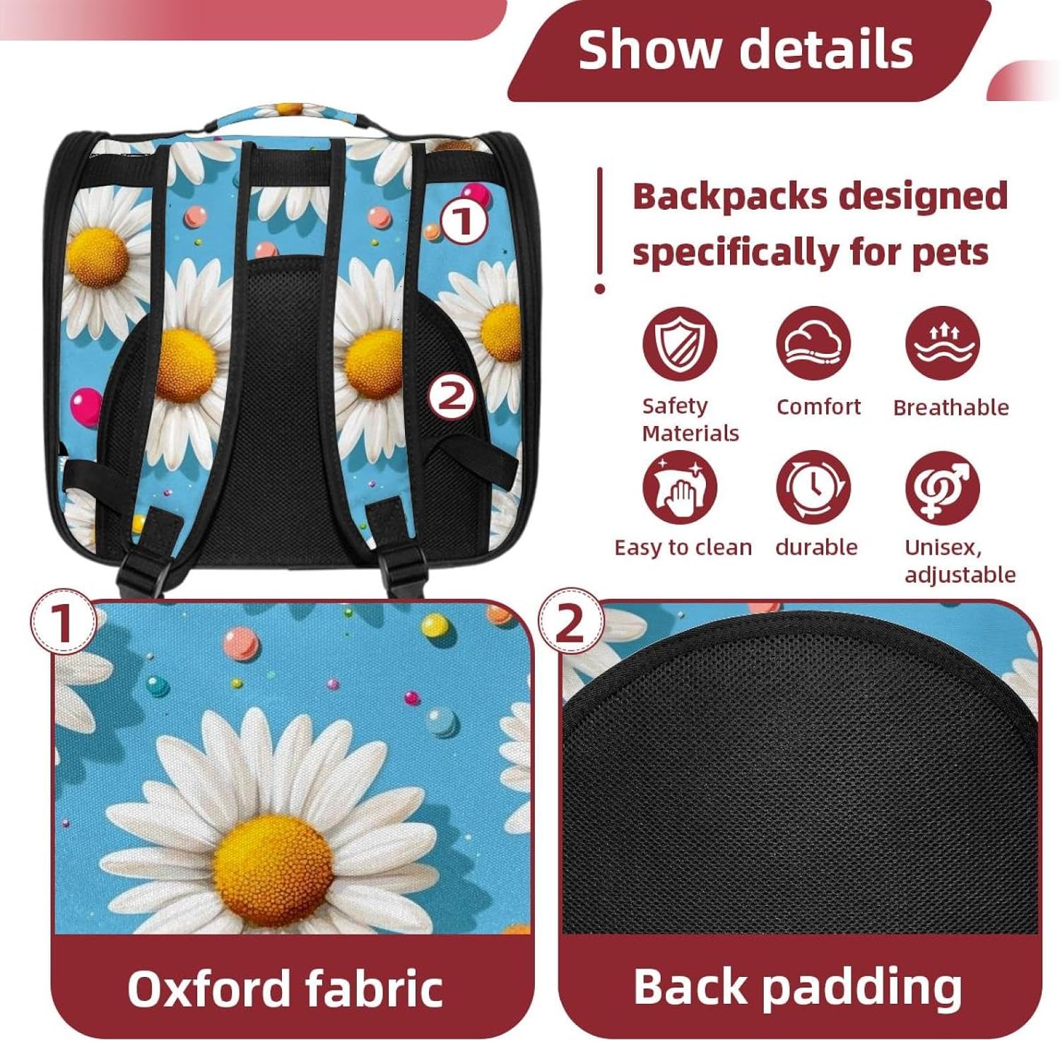 Daisy Flower (1) Pet Carrier Airline Approved Soft Sided Portable Cozy Travel Pet Bag, Car Seat Safe Carrier for Cats and Dogs