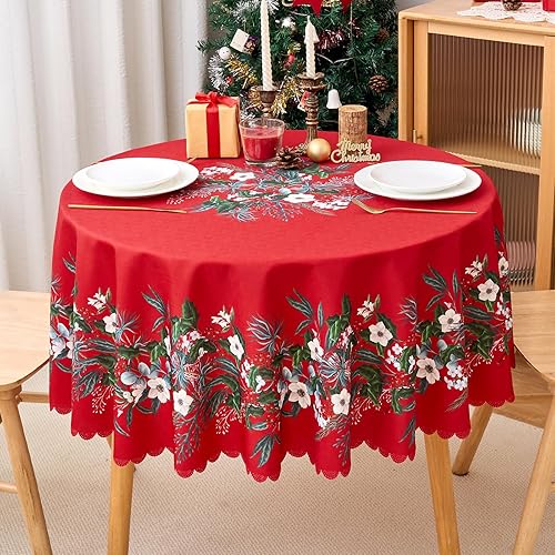 Christmas Round Tablecloth 60 Inch Red Table Cloth Scalloped Edge
