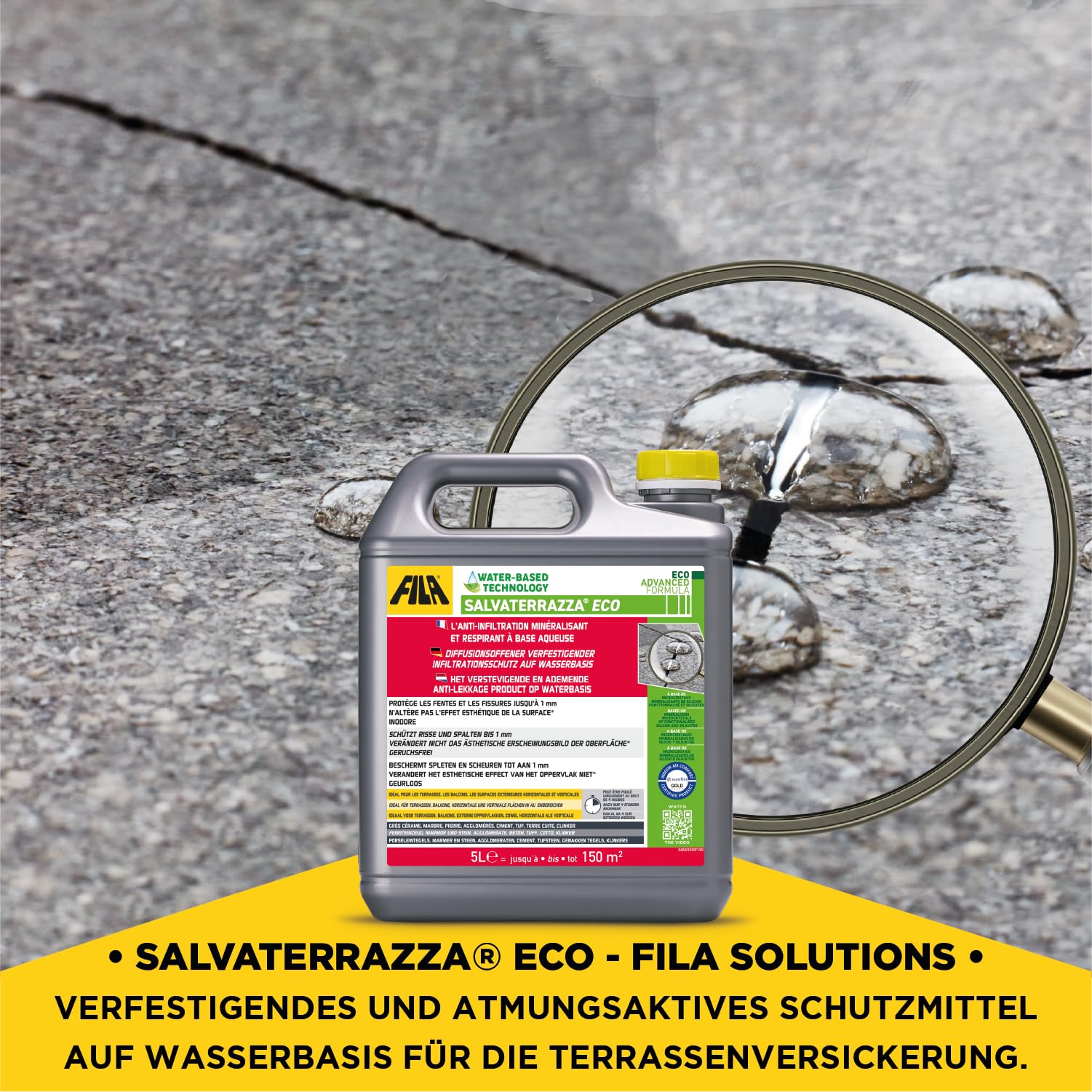 FILA Surface Care Solutions, SALVATERRAZZA ECO, Transparente Wasserdichter Beschichtungsmittel fur Terrassen Fliesen auf Wasserbasis, Konsolidierungseffekt, Auslaufsicher bei Rissen bis zu 1mm, 5L