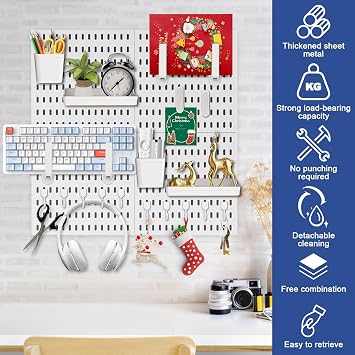 Pegboard Combination Kit, Wall Organiser with 4 Tiles 30x30cm Pegboards with 2 Partition + 12 Hook Accessories for Room Storage, Crafts Organization, Ornaments Display, Peg Board (White)