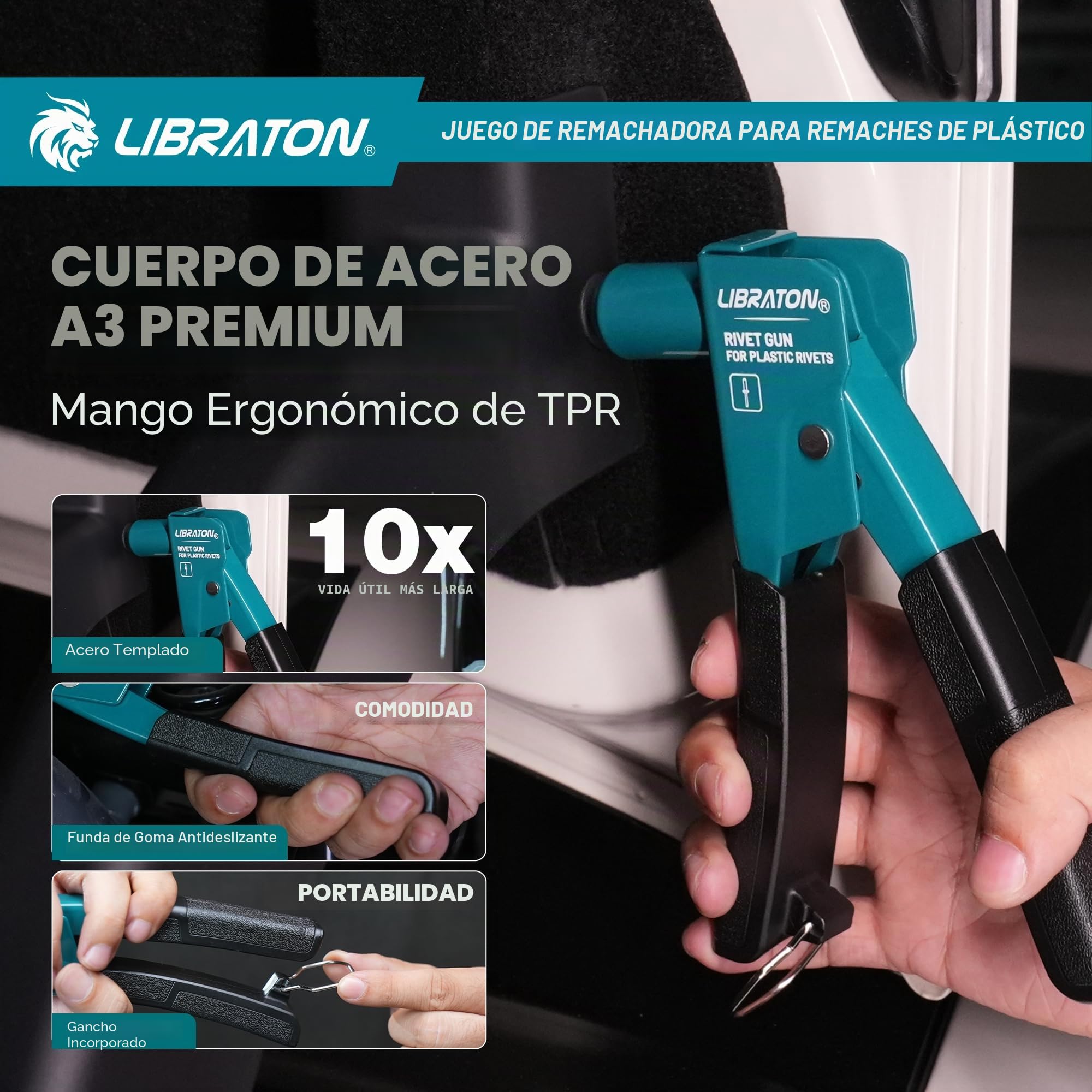 LIBRATON - Kit de pistola remachadora de plástico, remachadora manual de 90 grados con 40 remaches de nylon (4 tamaños), punta universal para automoción/electrónica, ergonómica y con un 50% menos de