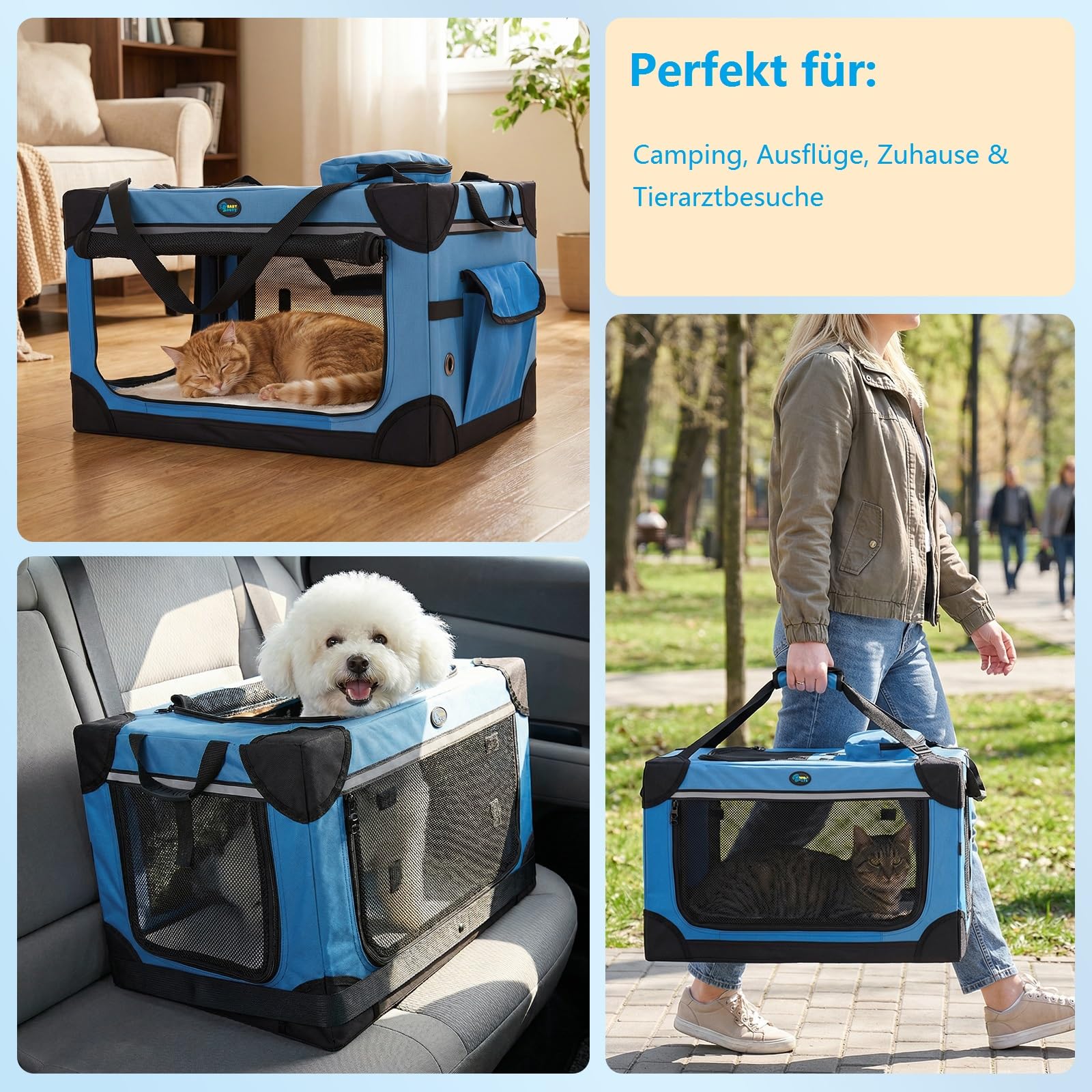 Ownpets 60x40cm Klappbarer Hundekäfig für Katze&Hundewelpe, Tragbarer Reisehundekäfig, 4-Türiger Faltenbarer Haustierkäfig mit Robusten Netzfenstern und Weicher Matte, Blau