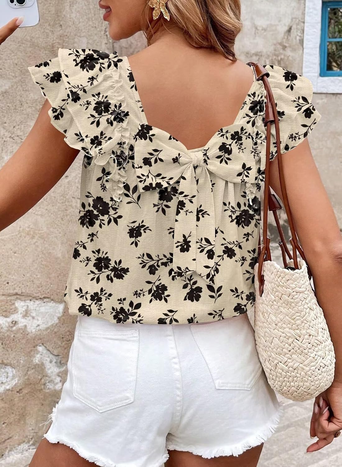  Womens Bow Tie Back Tops Babydoll Vneck Ruffle Short Sleeve Shirts thumbnail