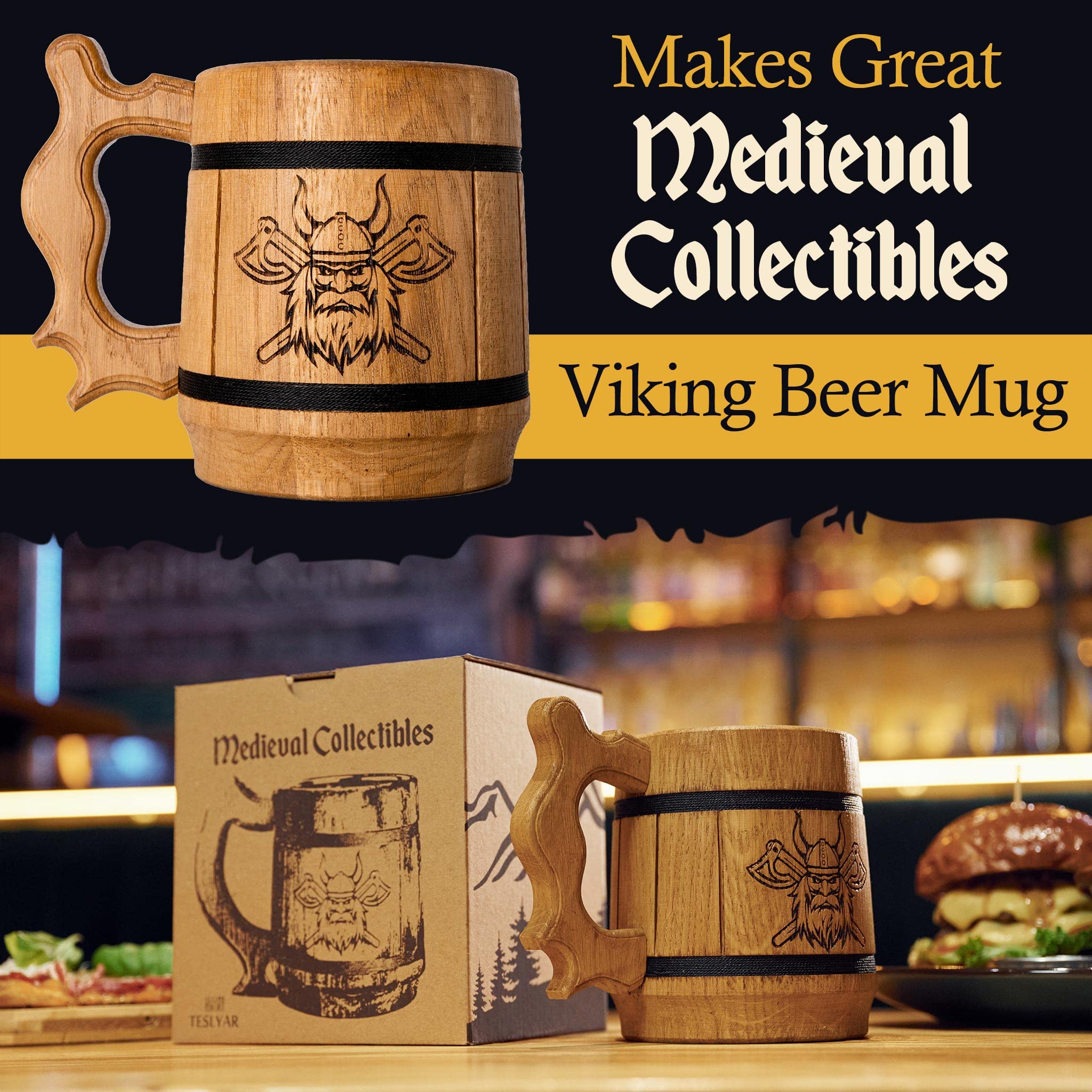 Teslyar Kufel do piwa Viking dla mężczyzn – 0,6 litra, 590 ml, ręcznie wykonany kubek z drewna dębowego, ze stali nierdzewnej, autentyczny design, prezent na Boże Narodzenie, prezent urodzinowy,