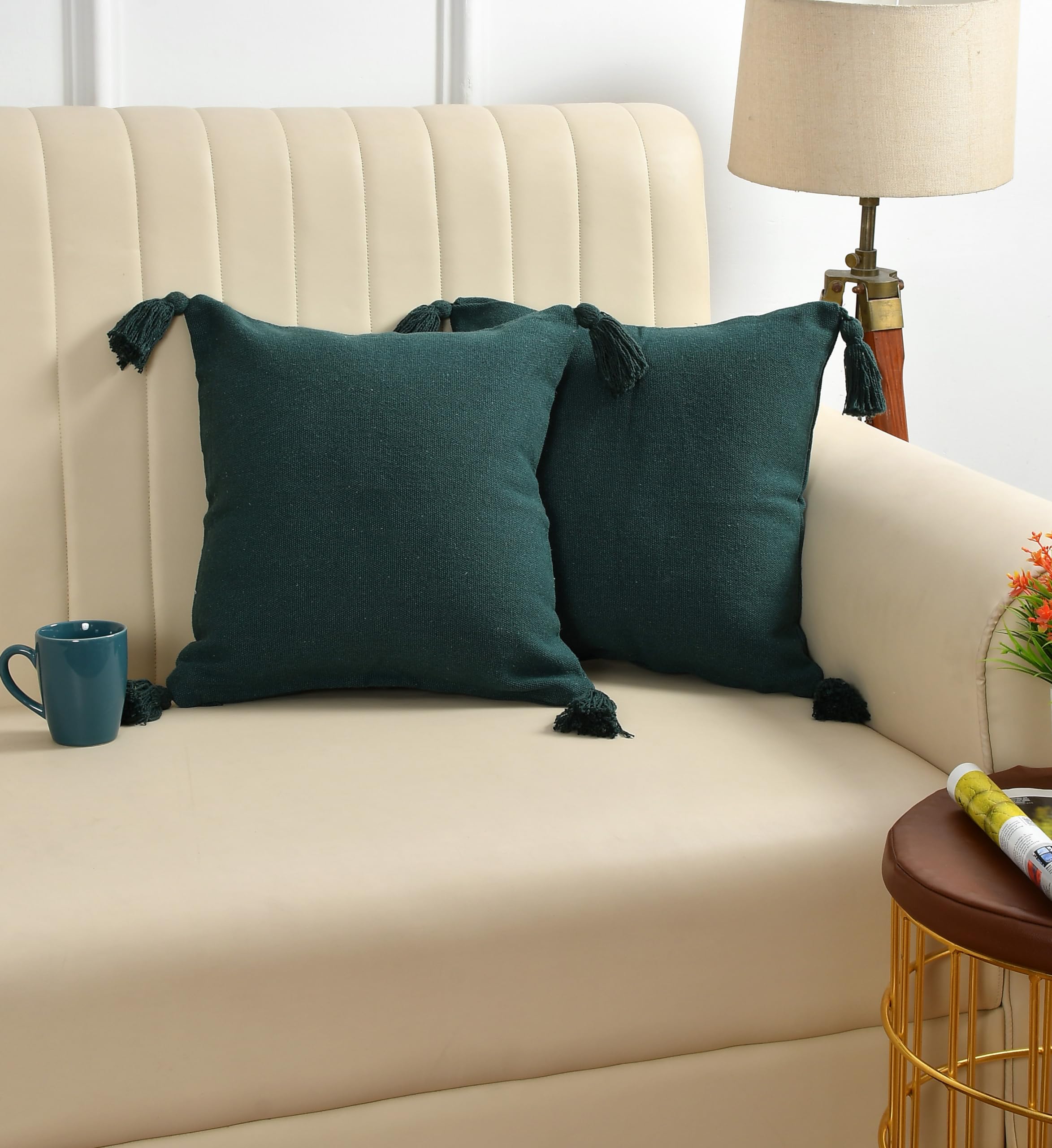 SASHAA WORLD 100% Cotton Cushion Covers with Tassels/Decorative Throw Pillow Set of 2 (45x45 cms, Green)-image-36