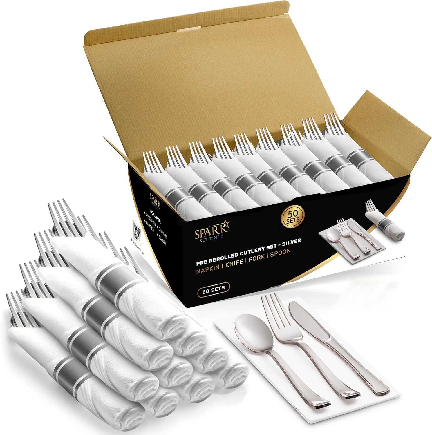 Silver Plastic Silverware, 50 Pre Rolled Napkin and Cutlery Set, Elegant Wrapped