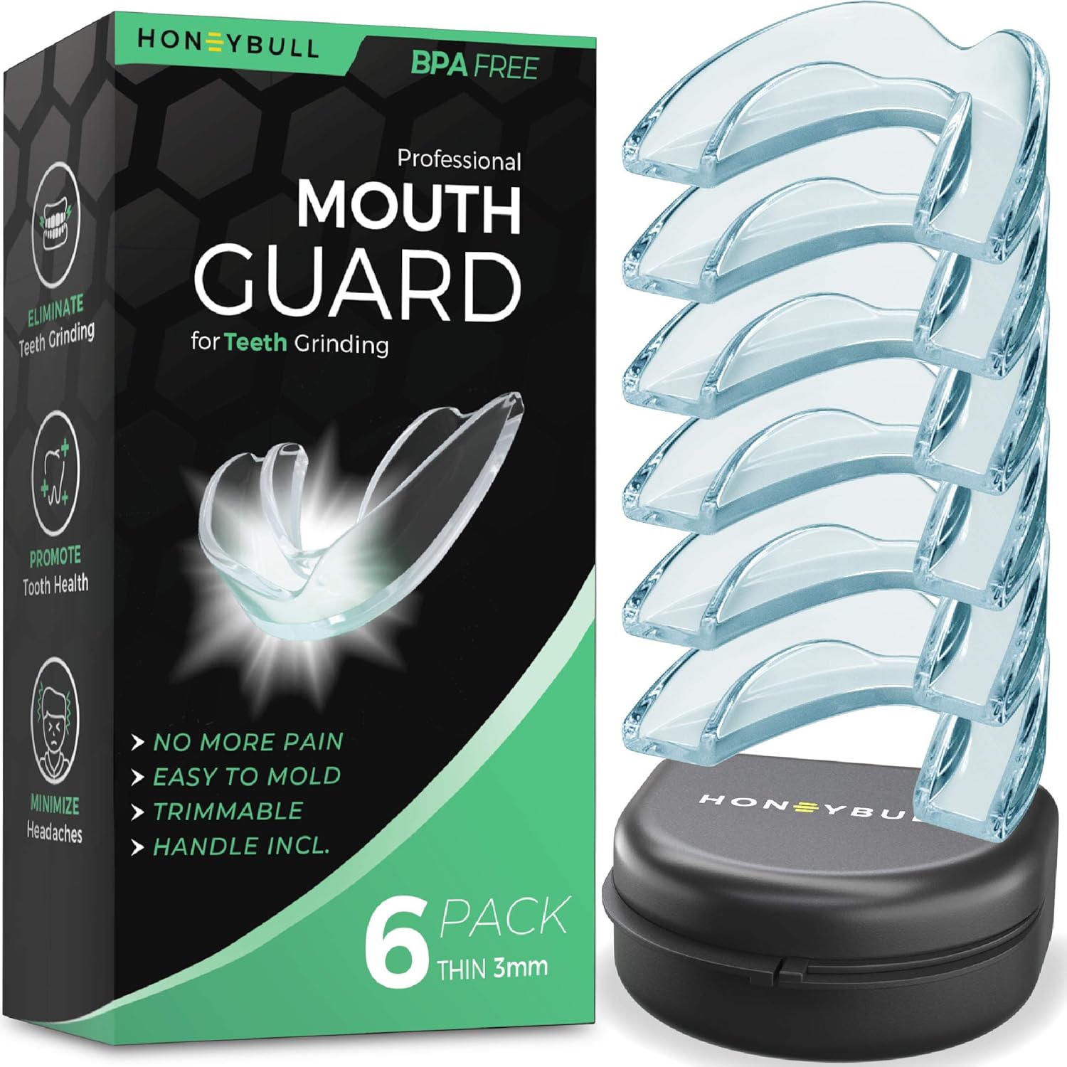 HONEYBULL Mouth Guard for Grinding Teeth [12 Pack] 1 Size for Heavy Grinding | Comfortable Custom Mold for Clenching at Night, Bruxism, Whitening Tray & Guard : Beauty & Personal Care