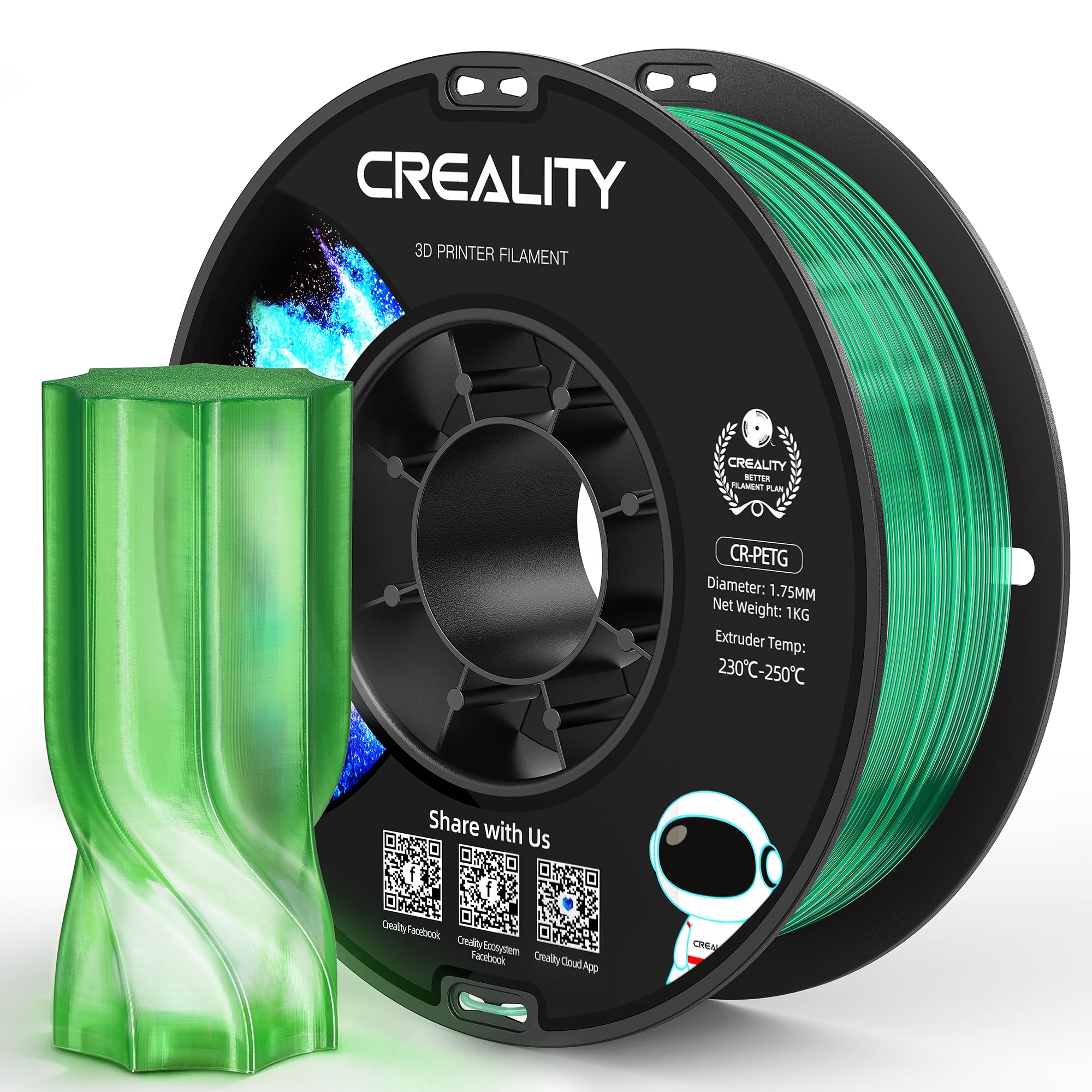 Official Creality PETG 3D Printer Filament 1.75mm 1KG (2.2lbs), Translucent Green