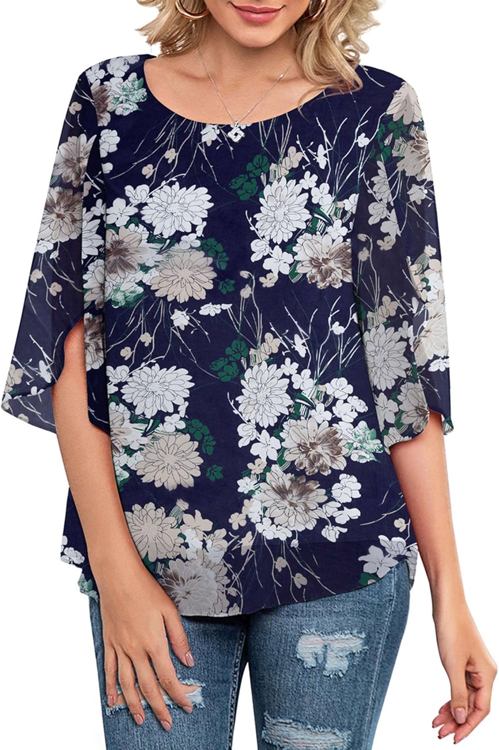 Neineiwu Womens Casual Scoop Neck Loose Top 3/4 Sleeve Chiffon Blouse Shirt Tops