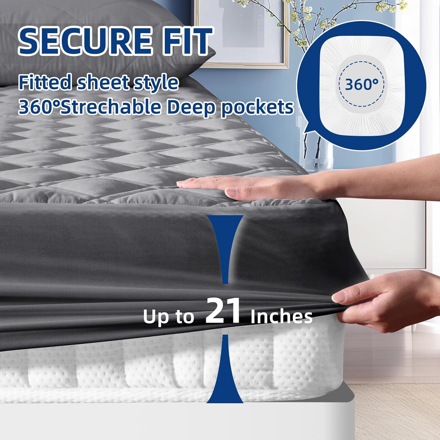 Queen Mattress Protector, Breathable Waterproof Mattress Pad Cover Fitted Deep Pocket 8"-21", Soft Noiseless Mattress Cover Washable Cooling Padded for Home Hotel Bedroom, Gray - Image 5