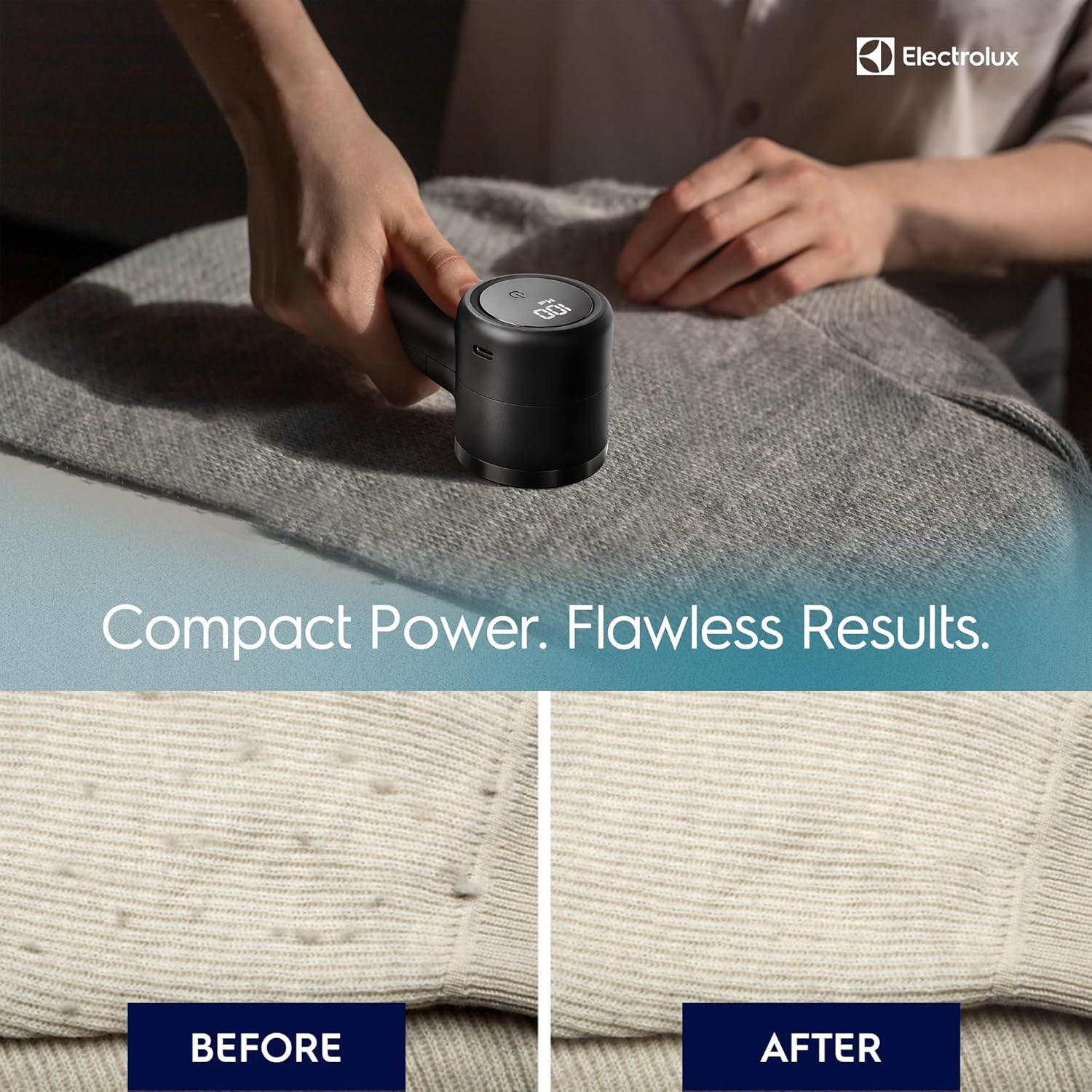 Before and after comparison of a fabric with pilling and after using the Electrolux Fabric Shaver.