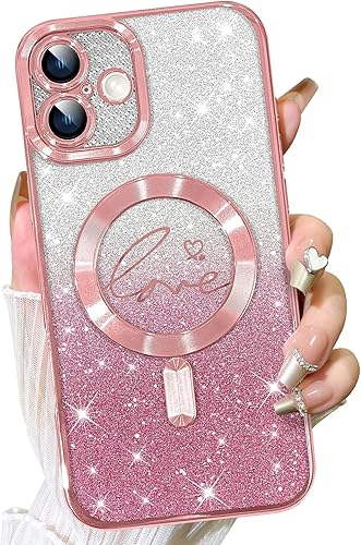 Vista 73 de Fiyart - Funda transparente magnética con purpurina para iPhone 12 para mujeres, con grabado "Love" metálico, protección para cámara y antigolpes