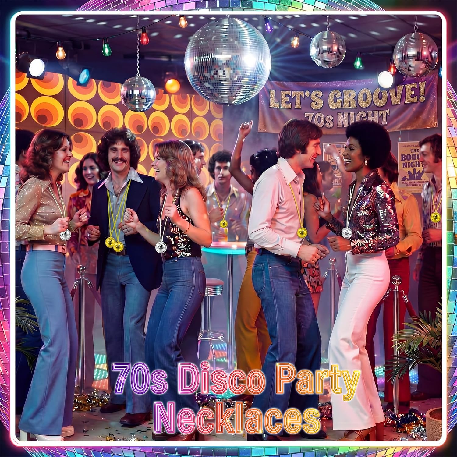Hicarer 12 Pcs Disco Ball Necklaces 70s Disco Ball Costume Party Necklaces Assorted Color for Christmas Party Favors Decorations Gift Stage Props Birthday Game Accessories