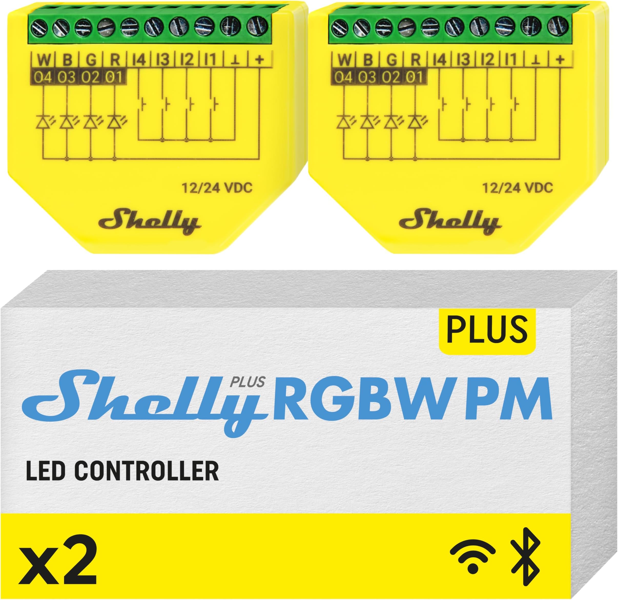 Shelly Plus RGBW PM Wi-Fi Controller Module for LED Strips 12-24VDC Power Consumption Measurement No Hub Required iOS Android App Alexa Google Home Compatible 2 Pack