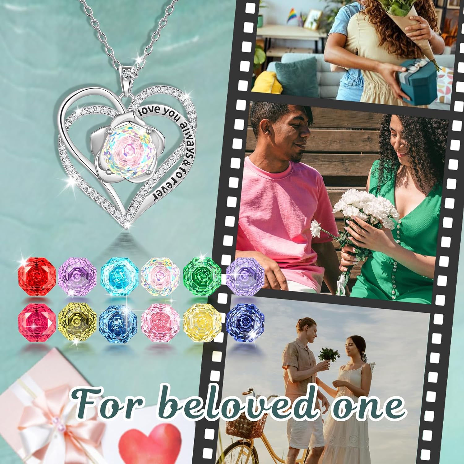 Aurora Tears Birthstone Love Heart Pendant Necklace - 925 Sterling Silver Rose Cut Cubic Zirconia I Love You Necklace Anniversary Birthday Jewelry Gift for Women Wife Mom Daughter - Image 5