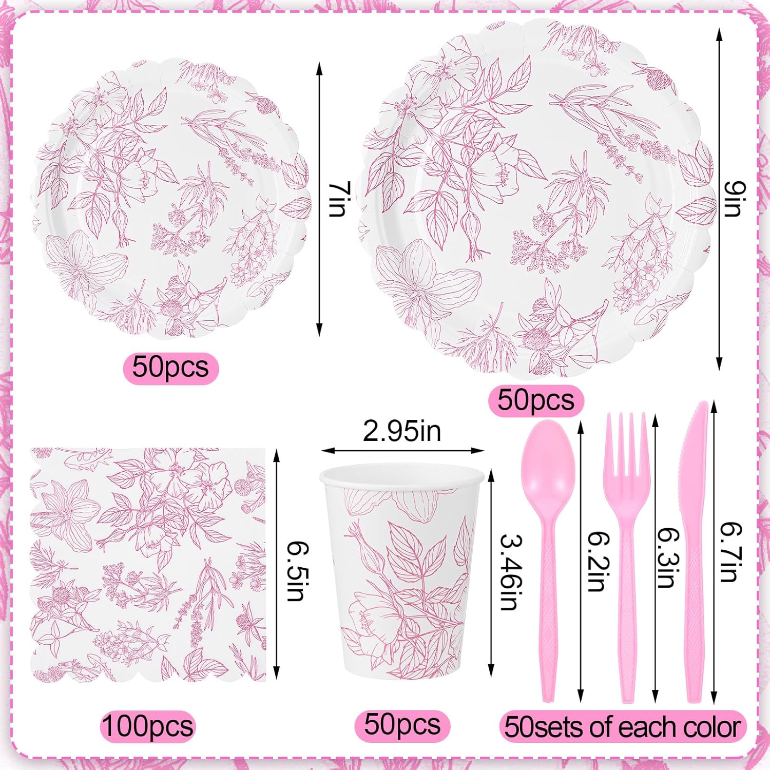 Havawish 400 Pcs Pink Floral Party Plates Disposable Tableware Set for 50 Guest Spring Flower Paper Plates Tea Party Scalloped Plates Napkins Cups for Wedding Party Baby Bridal Shower