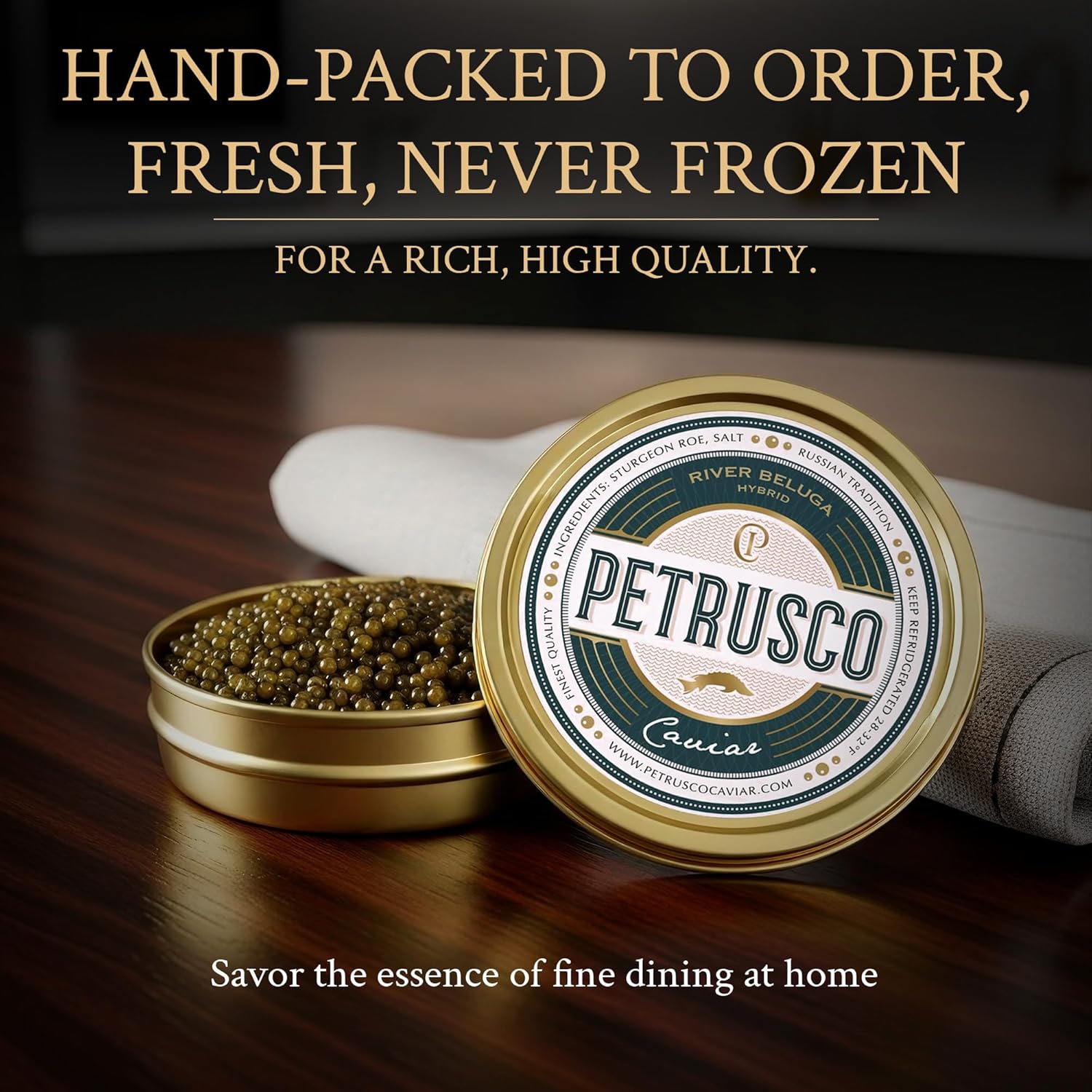 PETRUSCO River Beluga Hybrid - Premium Black Caviar - Fresh Gourmet Sturgeon Fish Roe in a Sealed Metal Tin 30g (1oz) - Rich, Buttery Flavor, Sustainably Sourced and Perfect for Fine Dining