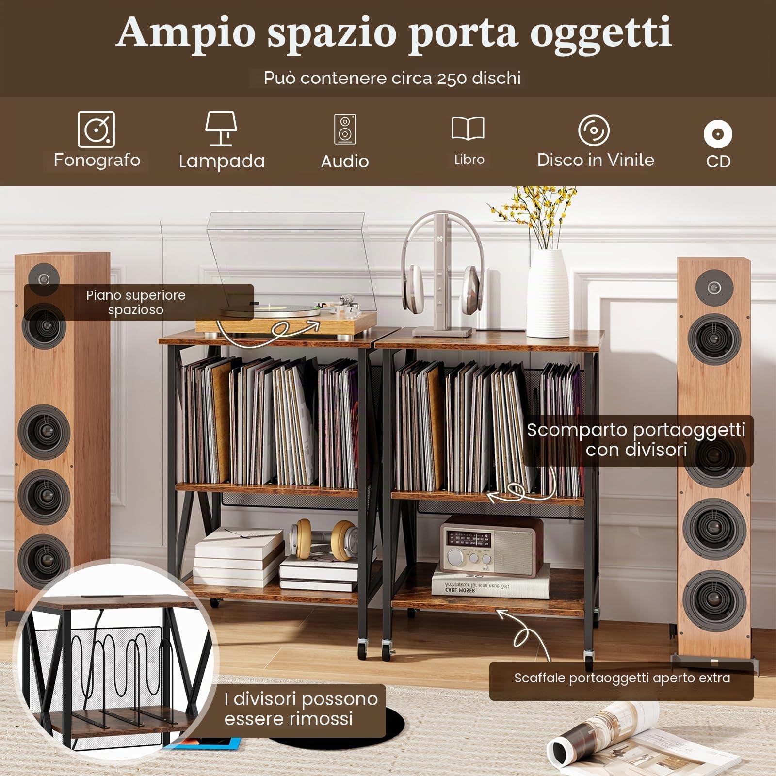 KOMFOTTEU Supporto per Giradischi in Vinile Fino a 250 Album, Mobile Porta Vinili con Ruote, Espositore per Dischi, Divisori Rimovibili e Scomparti Aperti (Marrone)