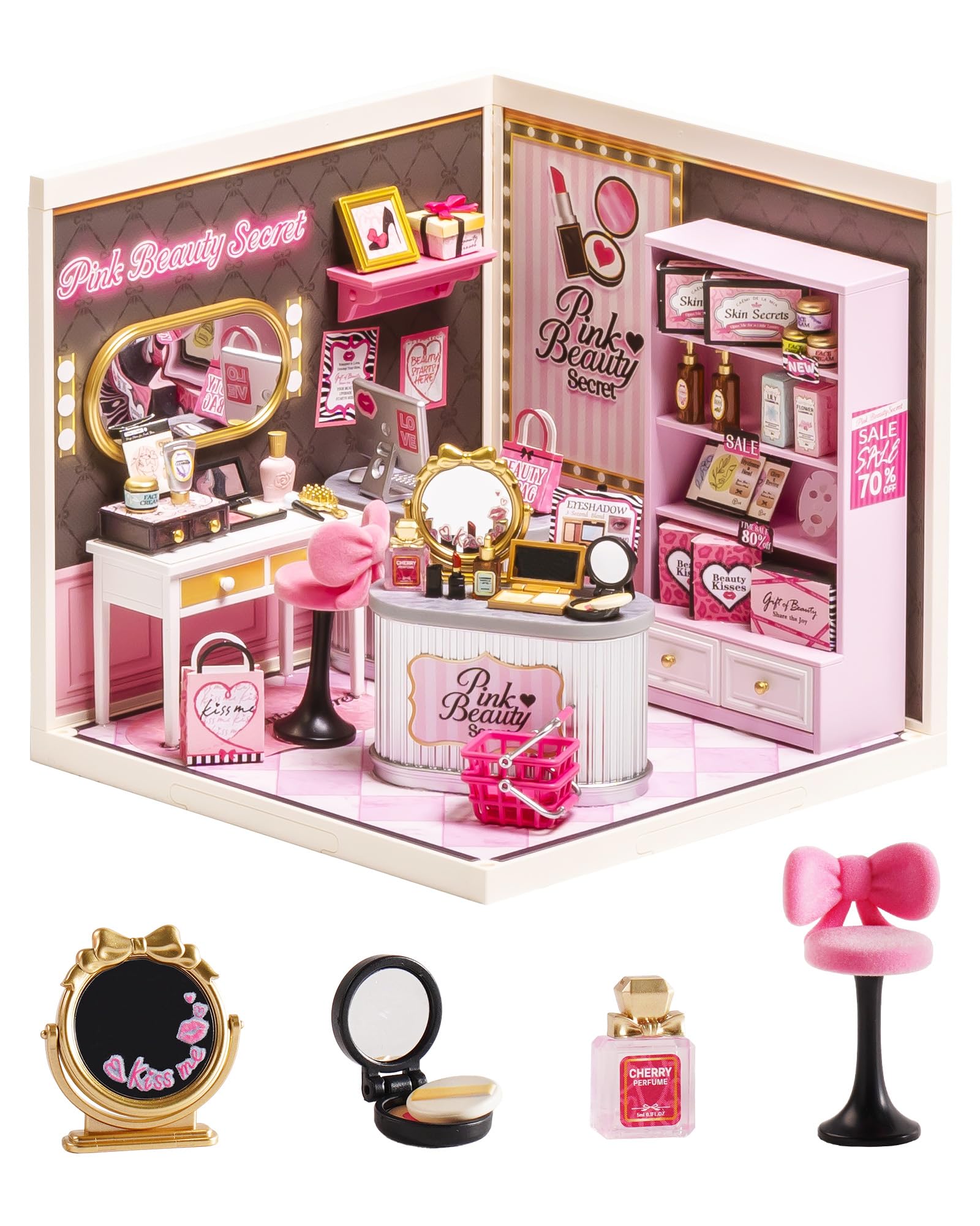 Rolife Super Creator DIY Miniature House Miniatur Haus Bausatz Selber Bauen Deko für Schreibtisch Bücherregal Modellbausatz Diorama Modellbau Bastelset (Pink Beauty Secret)
