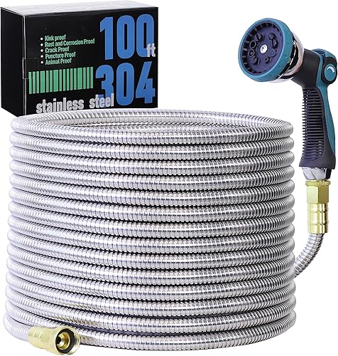 Miniatura 8 de Manguera de jardín de 75 pies, manguera de agua de acero inoxidable 304, flexible con un rociador de boquilla de 10 modos, sin torceduras, ligera, a