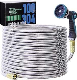 Manguera de jardín de 100 pies, manguera de agua de acero inoxidable 304, flexible con un rociador de boquilla de 10 modos, sin torceduras, ligera, a prueba de pinchazos, ideal para patio, césped