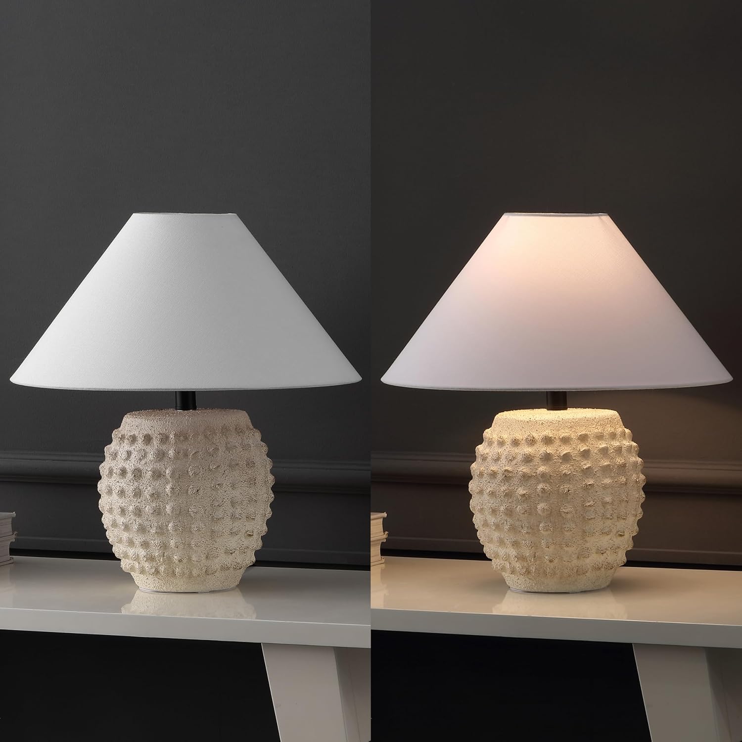 JONATHAN Y 18.25" Matte Cream Ceramic Hobnail Table Lamp Set of 2 for Bedroom, Modern Minimalist Farmhouse Bedside Nightstand Lamps, White Linen Shade, LED Bulbs Included (JYL5601B-SET2)