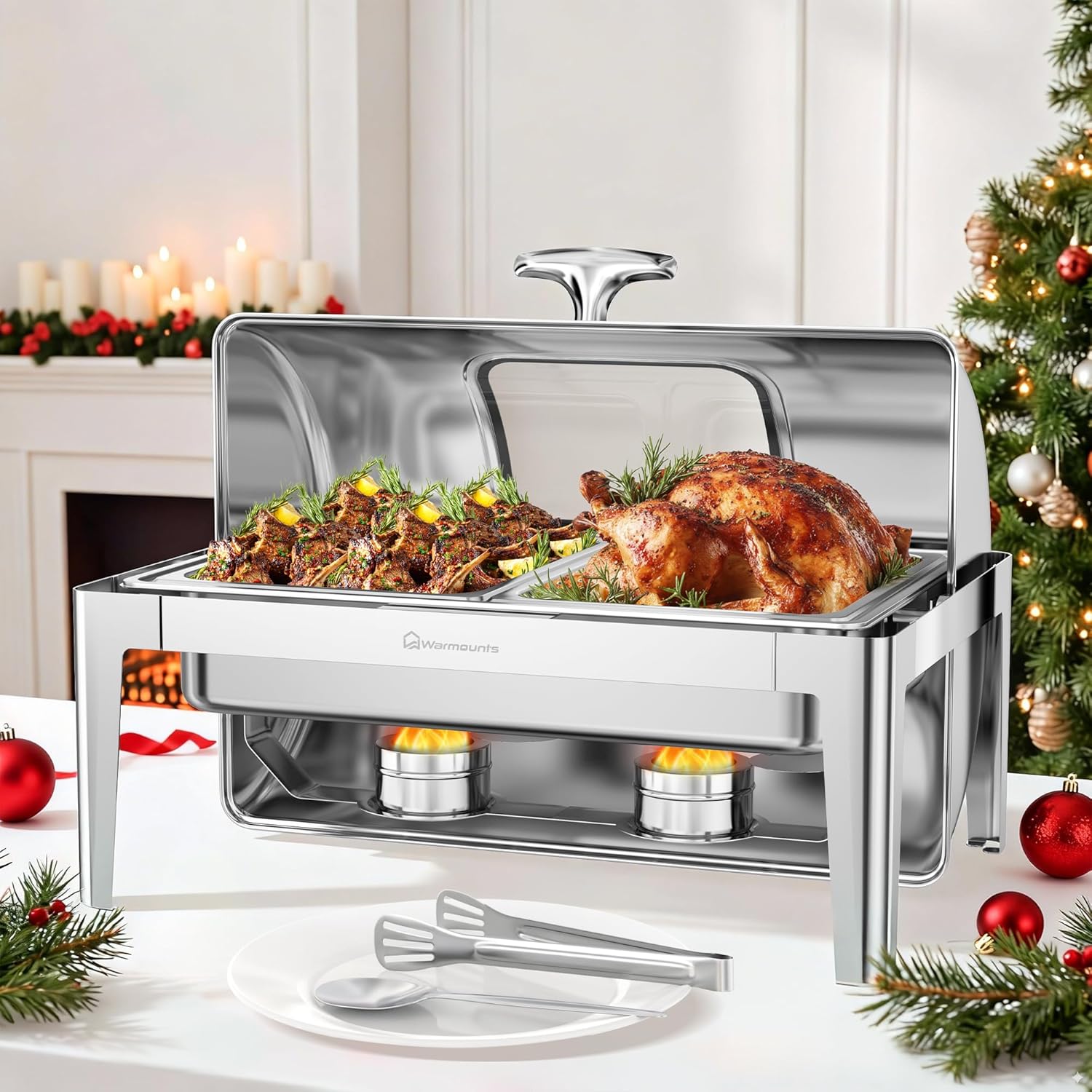 WARMOUNTS 9QT 180° Roll Top Chafing Dishes for Buffet with Glass Top, Rectangular Chafers and Buffet Warmers Sets with Mirror-Polished Stainless Steel, Rolled Rim for Event, Hotel (Half-Size Food Pan)