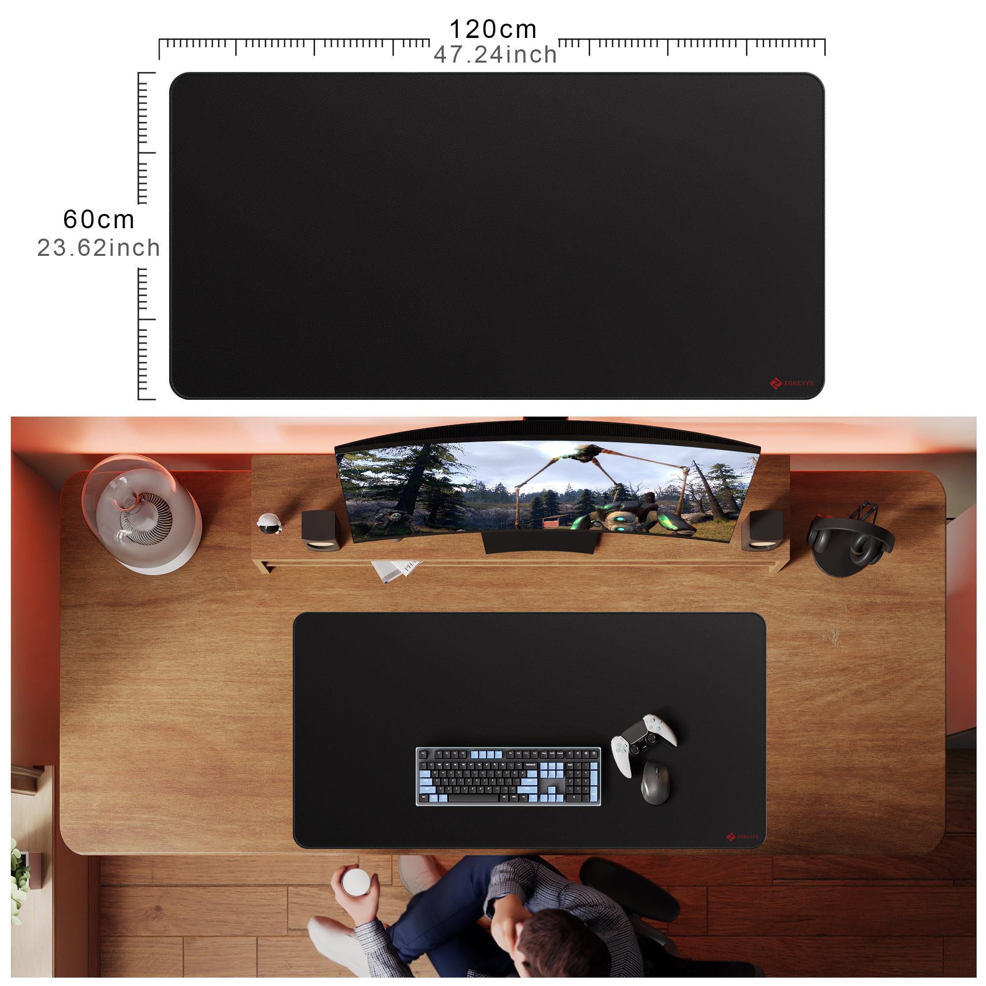 ZORESYN Tappetino da scrivania oversize (120 x 60 cm), tappetino per mouse extra largo per una protezione completa della scrivania, tessuto liscio con perimetro cucito, antiscivolo, per giocatori
