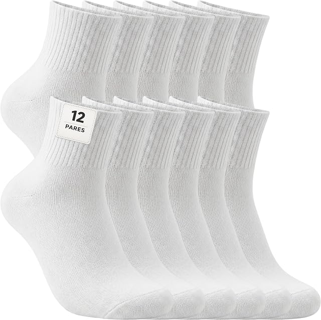 12 Pares Calcetines Deporte Hombre Mujer – Pack Calcetines Caña Media Unisex para Running, Gimnasio, Tenis, Trabajo, Uso Diario – 85 % Algodón Transpirables, Cómodos y Suaves.