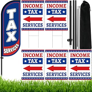 Income Tax Service Feather Flag Pole Kit Include 7FT Banner Flag with Poles 5 Pcs Income Tax Services Sign and 10 Pcs Plastic Ground Stakes for Outdoorindoor Business Advertising