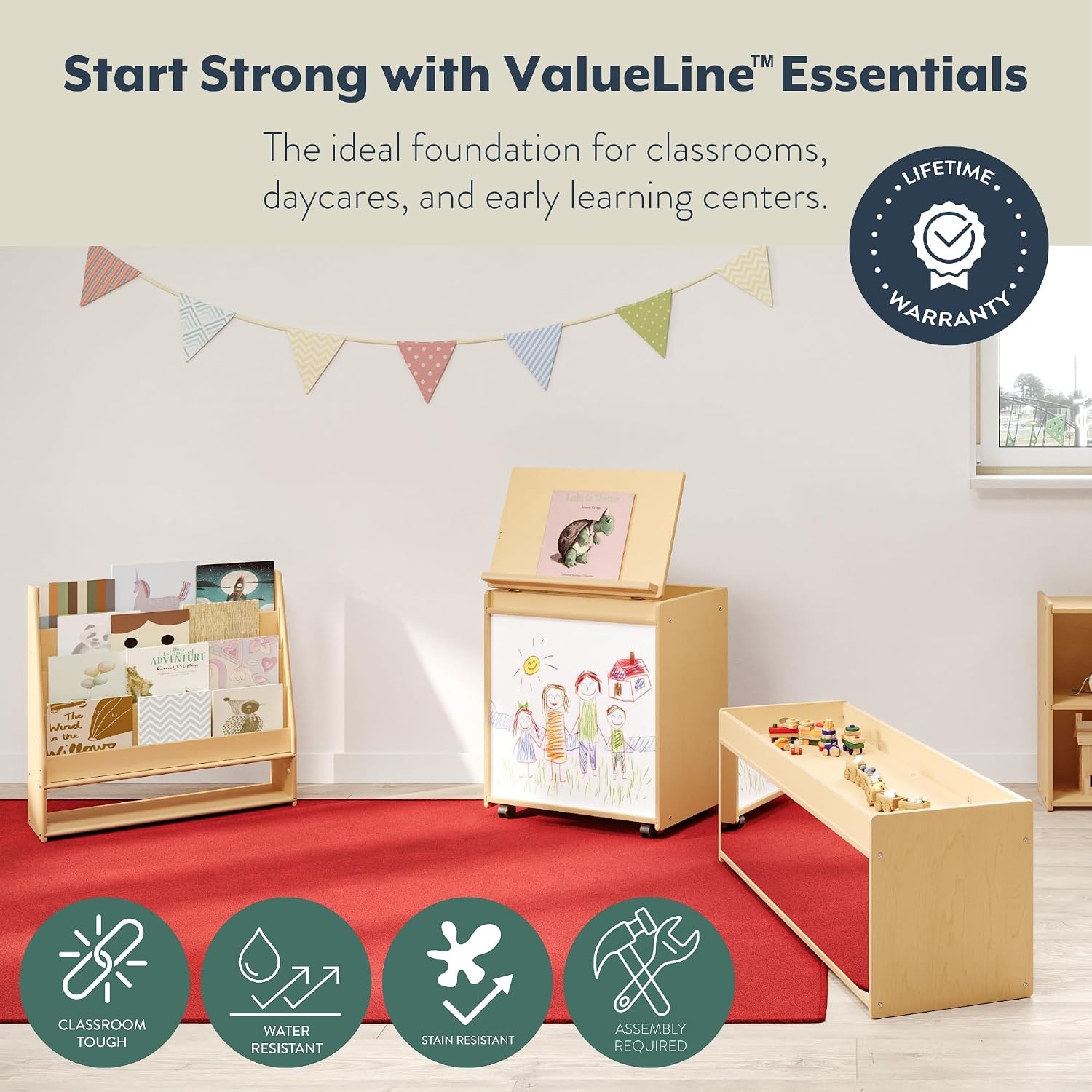 Angeles Value Line Toddler Storage with Mirror Back, 48" L x 17" H, Kids Storage Organizer, Playroom Essentials for Classroom, Nursery, Montessori School, Natural