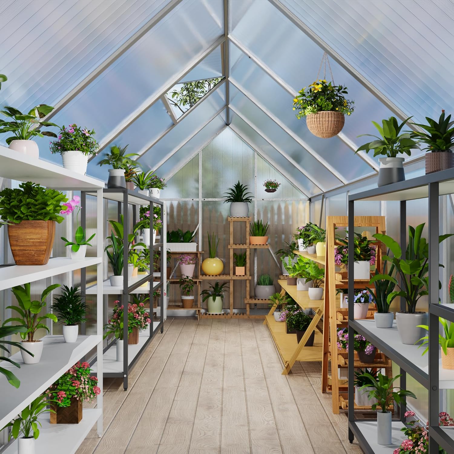 6’ x 9’ Greenhouse for Outdoors, Windproof Robust Aluminum Walk-in Greenhouse with Roof Vent Window for Garden, Backyards Plants, Easy Assembly, Silver