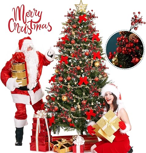 Miniatura 7 de Geosar 24 tallos de bayas con purpurina de Navidad de 10 pulgadas, adornos de bayas artificiales con purpurina, tallos florales para árbol de